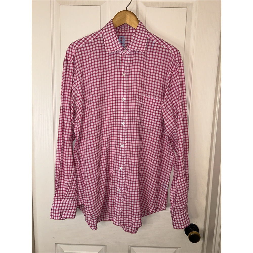 J McLaughlin men's pink and white plaid LS ‎ shirt size L